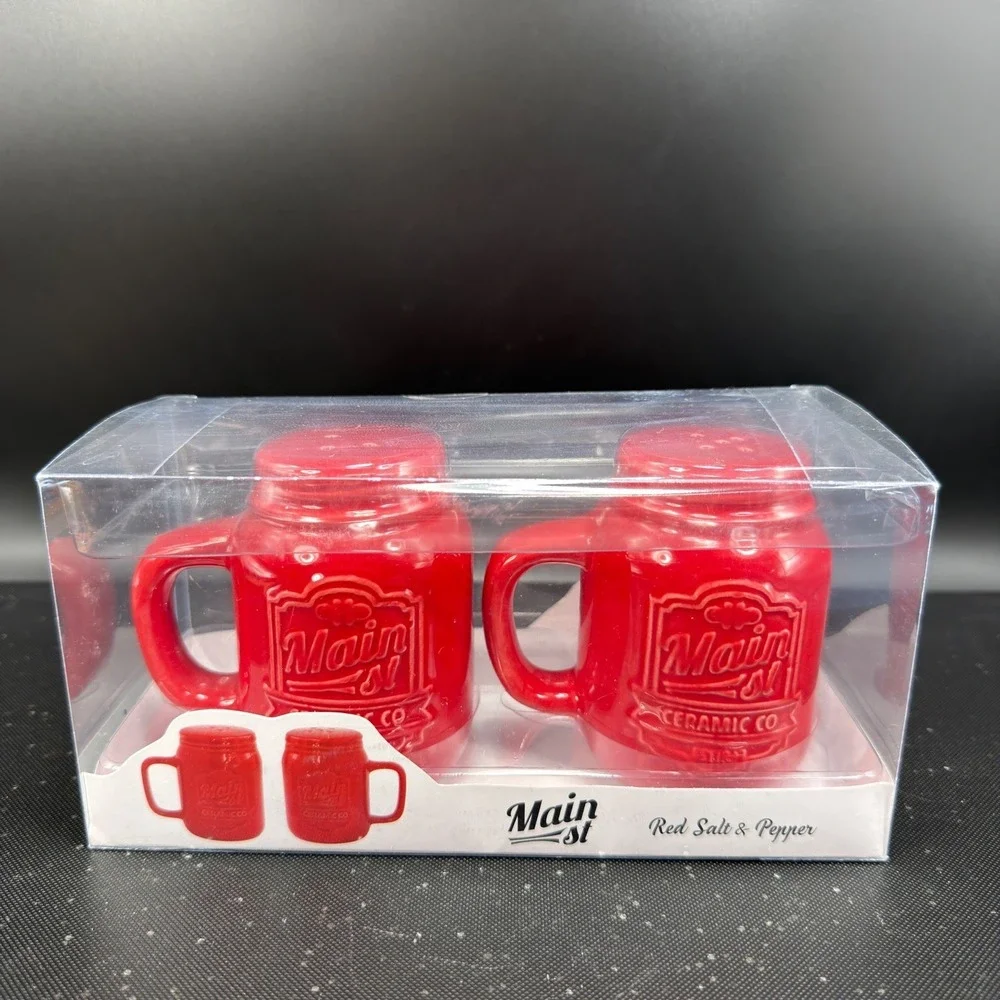 American Atelier Main St Ceramic Co Red Mason Jar Mug Salt and Pepper Shaker Set